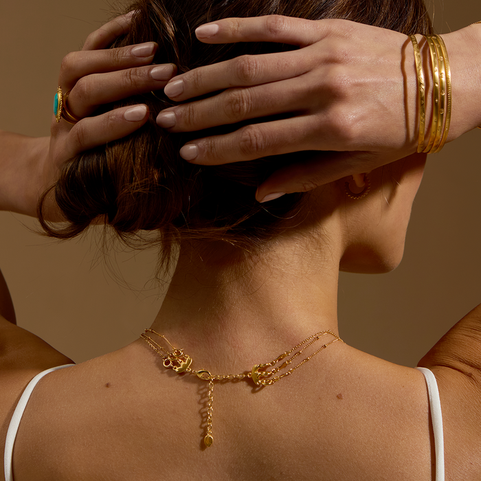 A close-up of the back of a woman wearing the 3-Necklace Layering Extension Chain, beautifully showcasing the lotus flower design symbolizing new beginnings and infinite potential. This spiritual jewelry enhances her layered necklaces and embodies meditation, protection, and meaningful charm.