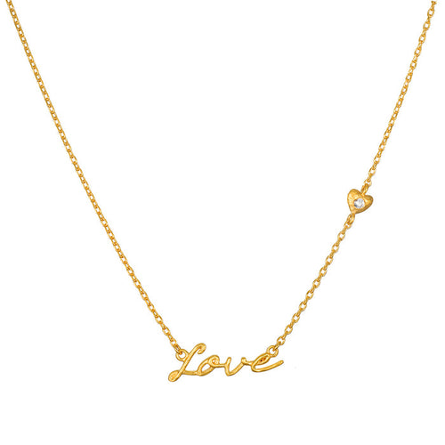 Adorned with Love Gold Necklace featuring a delicate "Love" script and a tiny heart, symbolizing love and protection. This spiritual jewelry embodies meaningful charm and is perfect for meditation and yoga practices.