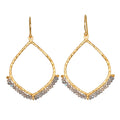 Gold-toned teardrop earrings with textured outline and gray faceted beads along the bottom, hanging from thin wires.