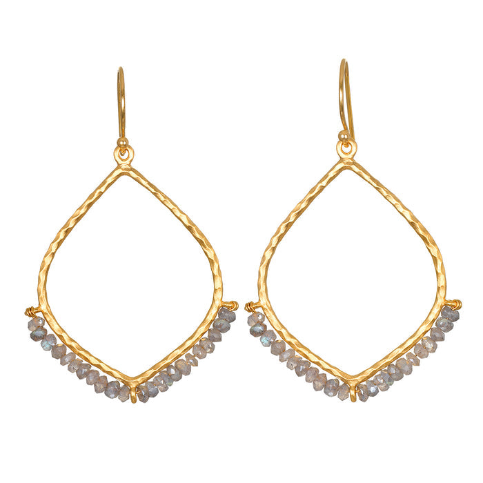 Gold-toned teardrop earrings with textured outline and gray faceted beads along the bottom, hanging from thin wires.