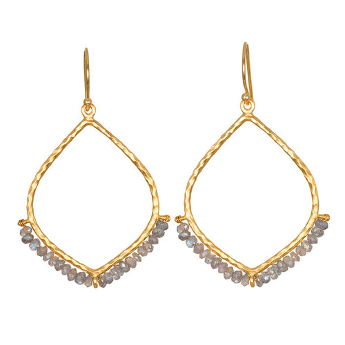 Gold-toned teardrop earrings with textured outline and gray faceted beads along the bottom, hanging from thin wires.