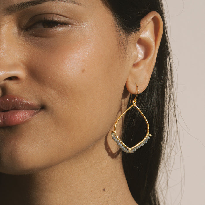 Gold-tone drop earring with labradorite stone and crystal accents worn on model's ear.