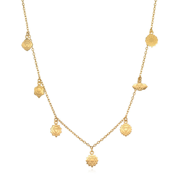 Aligned in Harmony Chakra Choker showcasing delicate 18kt gold plated design with engraved chakra symbols, embodying spiritual jewelry ideals. A perfect talisman for meditation, this necklace represents the balance of energies, making it meaningful for yoga and manifestation enthusiasts.