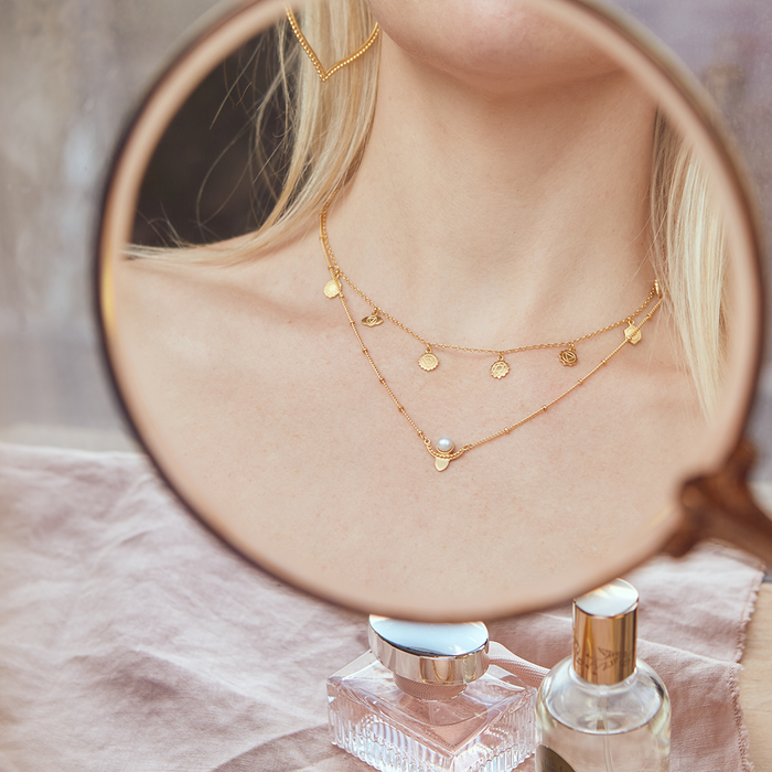 Aligned in Harmony Chakra Choker displayed elegantly around a model's neck, capturing the essence of spiritual jewelry, meditation, and meaningful elegance. Ideal for yoga and manifestation practices, this beautiful talisman features engraved discs symbolizing chakras, embodying protection and balance.