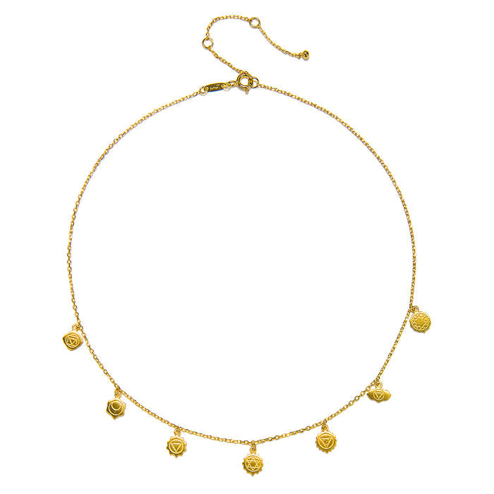 Close-up view of the Aligned in Harmony Chakra Choker, showcasing its intricate design with gold-plated chakra symbols. This necklace represents spiritual jewelry, perfect for meditation and a meaningful addition to any zodiac or yoga enthusiast's collection.