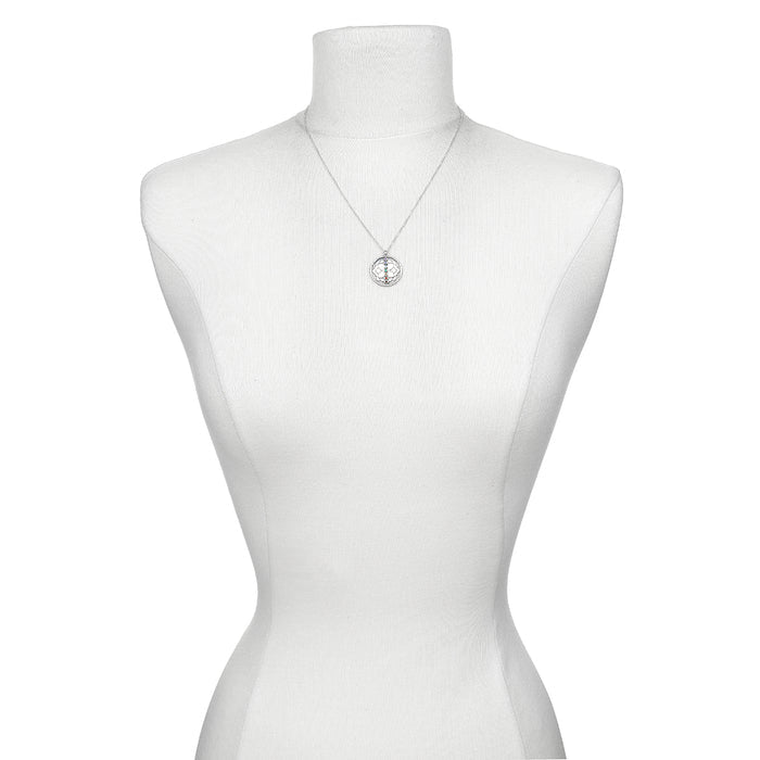 The Divine Alignment Gemstone Chakra Silver Necklace elegantly displayed on a mannequin, illustrating its symbolic meaning and connection to the zodiac, making it an ideal choice for meaningful gifts in the realm of spirituality and yoga.