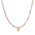 Aligned with Love Pink Tourmaline Heart Choker Necklace featuring a delicate gold heart pendant, perfect for spiritual jewelry, enhancing meditation, and serving as a meaningful talisman for manifestation and protection.