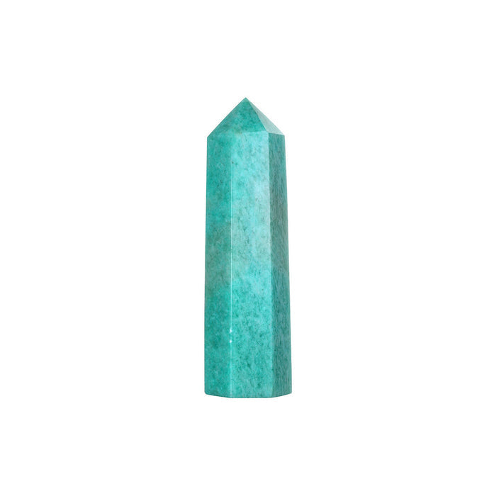A green Amazonite Quartz crystal with a tapered shape, resembling a column or stave, placed against a white background.