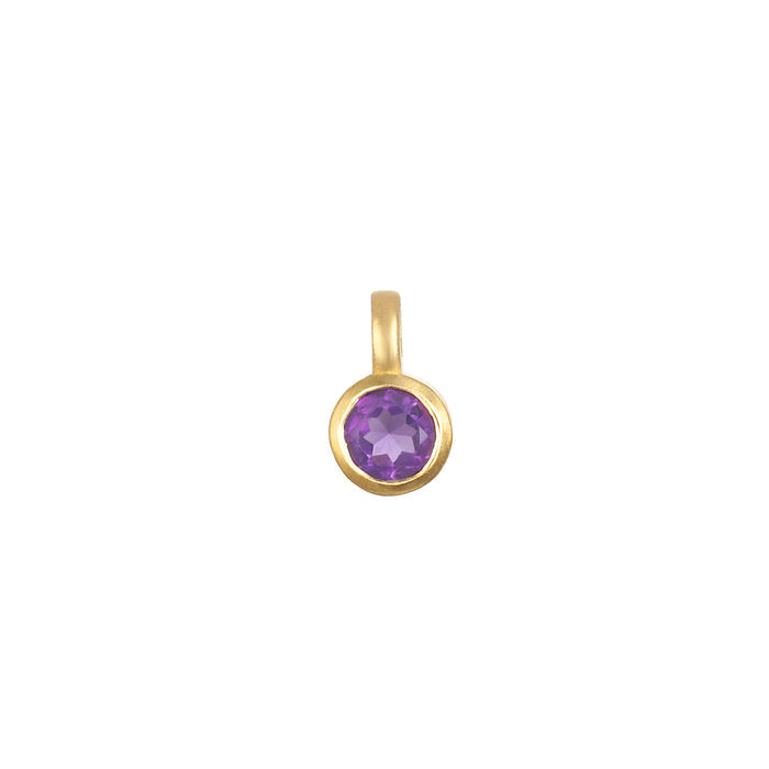 Amethyst Bezel Charm featuring a beautiful purple gemstone set in 18kt gold plate, ideal for spiritual jewelry and meaningful meditation practices, perfect for zodiac enthusiasts and those seeking protection and manifestation in their lives.