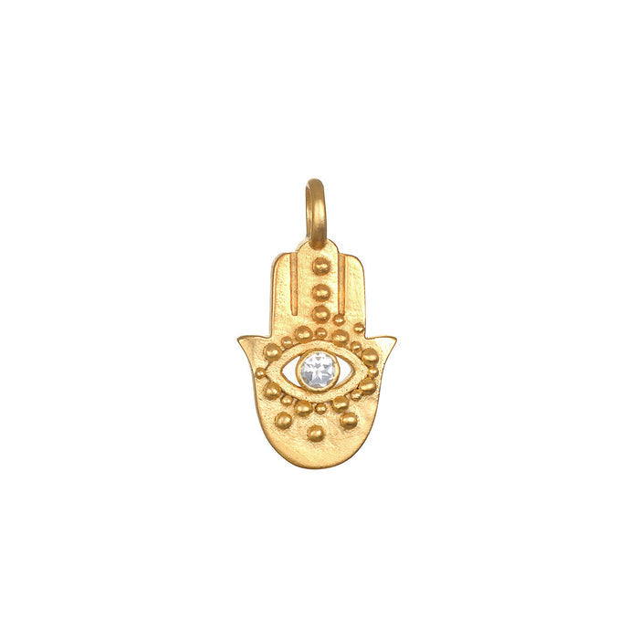 Ancient Hamsa White Topaz Charm in 18kt gold plate featuring a white topaz evil eye, symbolizing protection. This spiritual jewelry piece embodies meaningful protection and is ideal for meditation and manifestation practices.
