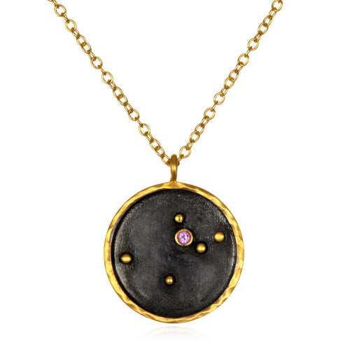 Aquarius Zodiac Necklace featuring a unique pendant design, symbolizing the Water Bearer with a touch of amethyst, perfect as spiritual jewelry for meditation gifts, mantra, yoga, and meaningful manifestations. This protective amulet embodies sacred zodiac energy.