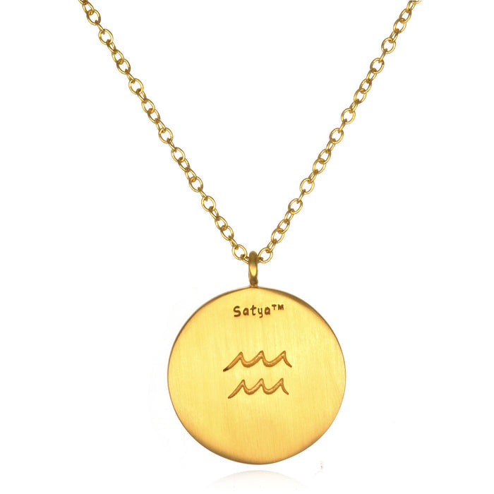 Aquarius Zodiac Necklace featuring the zodiac symbol, crafted by Satya Jewelry. This spiritual jewelry embodies meaning and protection, making it a perfect gift for meditation or yoga enthusiasts seeking a symbolic amulet for manifestation.