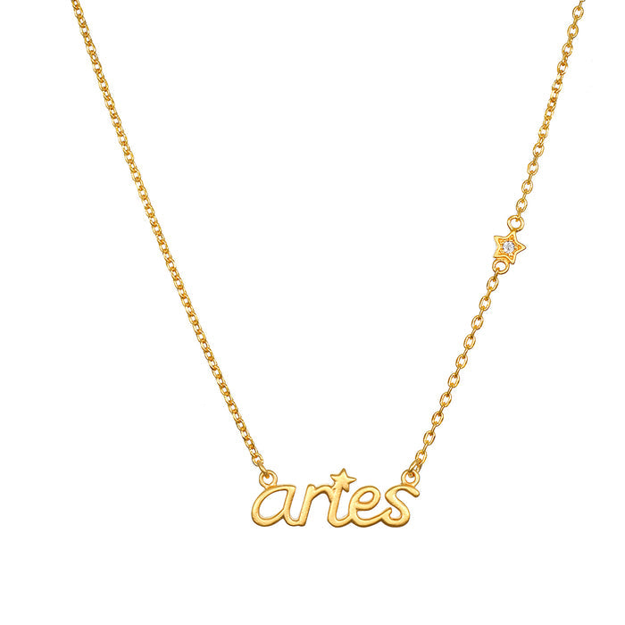 Aries Courage Zodiac Script Necklace showcasing a delicate design, perfect for spiritual jewelry and meditation. This talisman evokes the energy of the zodiac, embodying protection, manifestation, and meaning for yoga enthusiasts.