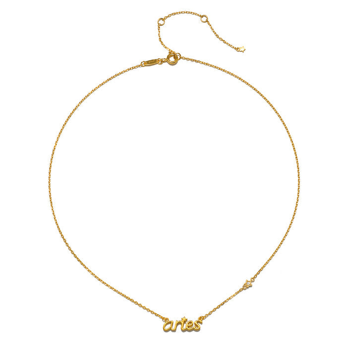 The Aries Courage Zodiac Script Necklace, displayed in a simple yet elegant manner, ideal for those seeking spiritual jewelry. This piece embodies the essence of zodiac energy with a focus on manifestation and meaningful intentions.