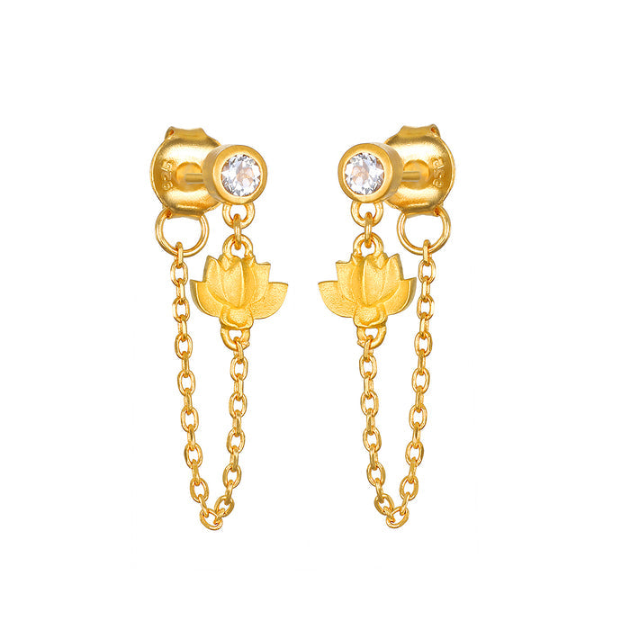 Arising Lotus White Topaz Chain Stud Earrings featuring an elegant design with 18kt gold plating, capturing the essence of spiritual jewelry and meaningful adornment for meditation and protection through the beauty of the lotus flower.