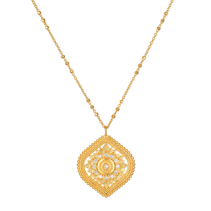 Awaken Awareness Lotus White Topaz Necklace featuring a beautiful lotus petal medallion in 18kt gold plate, embellished with white topaz stones. This spiritual jewelry acts as a meaningful talisman, perfect for meditation and yoga practices, enhancing individuality and creativity. Ideal for those seeking protection and manifestation in their lives, embodying the essence of the sun and moon.