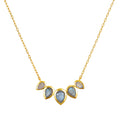 Awaken Intuition Labradorite Petal Necklace, featuring five lotus petal labradorite stones set in 18kt gold plate, symbolizing new beginnings and spiritual transformation, perfect for meditation and manifestation, ideal as a zodiac talisman for protection and yoga practice.