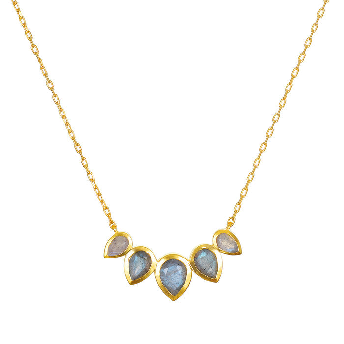 Awaken Intuition Labradorite Petal Necklace, featuring five lotus petal labradorite stones set in 18kt gold plate, symbolizing new beginnings and spiritual transformation, perfect for meditation and manifestation, ideal as a zodiac talisman for protection and yoga practice.