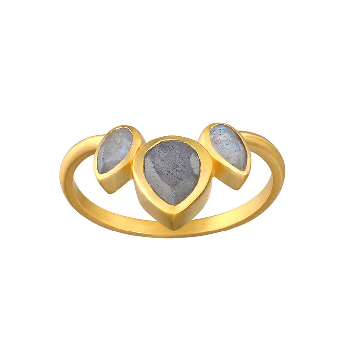 Awaken Intuition Labradorite Petal Ring showcases three beautiful labradorite stones in 18kt gold plating, perfect for those seeking spiritual jewelry, meditation, and meaningful transformation. This talisman enhances intuition, ideal for yoga practitioners and zodiac enthusiasts.