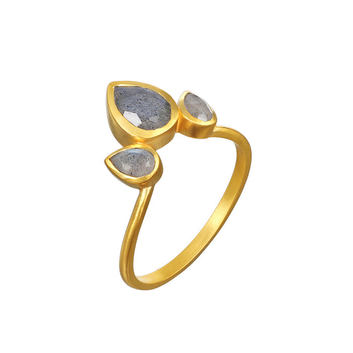 Close-up of the Awaken Intuition Labradorite Petal Ring highlighting its elegant labradorite settings in 18kt gold plate, reflecting spiritual jewelry elements for protection and meaningful meditation, perfect for those on a journey of transformation.