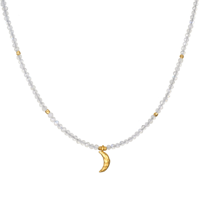 Awaken Intuition Moonstone Necklace featuring a golden crescent moon charm, symbolizing spiritual jewelry for intuition and protection, perfect for meditation and manifestation, embodying zodiac energies in a beautiful design that complements any yoga attire.