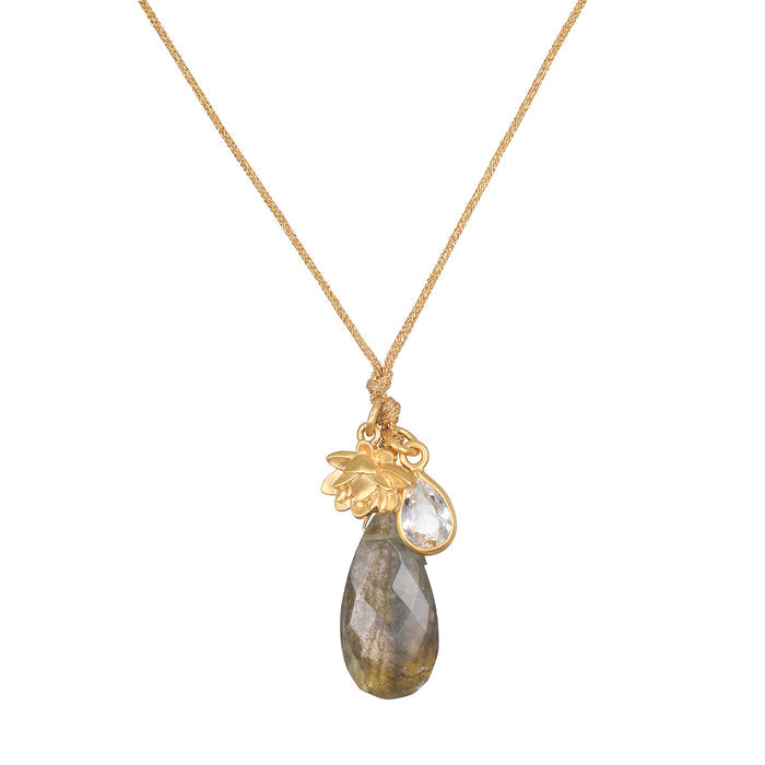 Gold cord necklace with labradorite teardrop pendant, small clear crystal charm, and gold lotus flower accent.