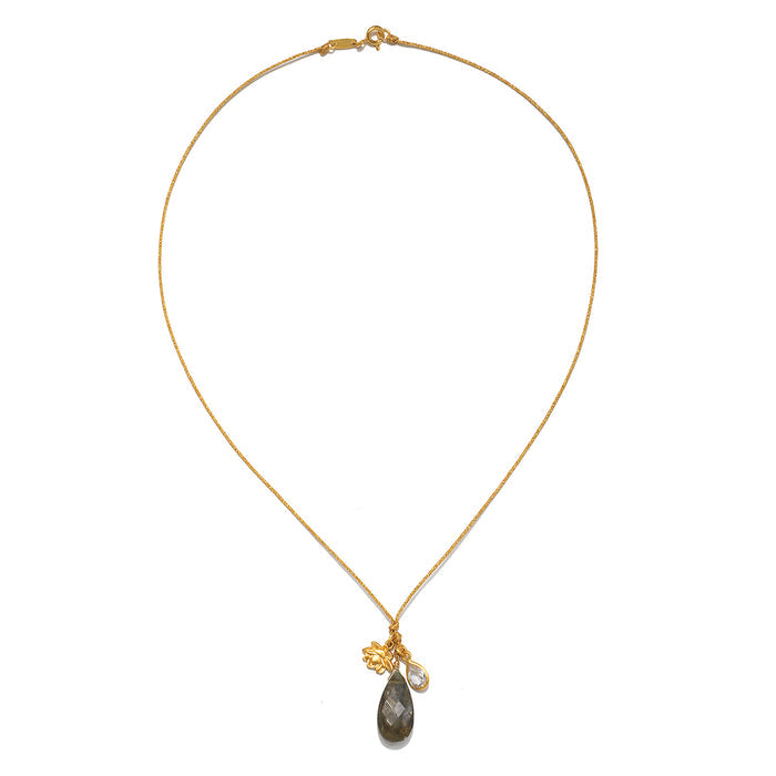 Tan cord necklace with gold-toned lotus charm and labradorite teardrop pendant.