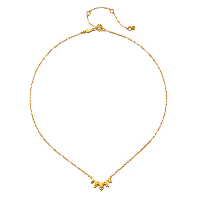 The Beauty of Transformation Lotus Petal Necklace, featuring five elegant lotus petals crafted in 18kt gold plating, representing spiritual protection and charm. An ideal piece for those who appreciate the deeper meaning in their jewelry.