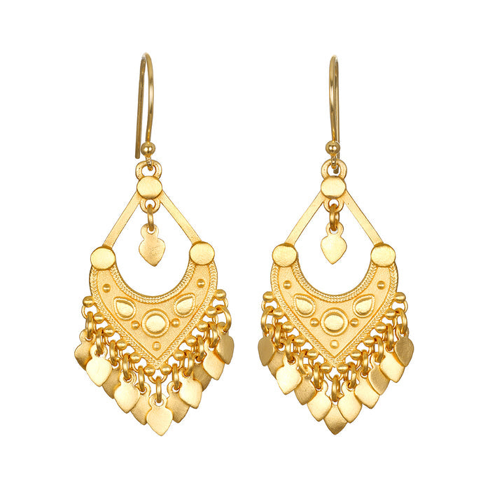 Beauty Unveiled Chandelier Earrings showcase a delicate design in 18kt gold plate, perfect for those who appreciate spiritual jewelry and meaningful adornments. These earrings shimmer like the sun and moon, embodying transformation and renewal, making them a wonderful talisman for meditation and manifestation.