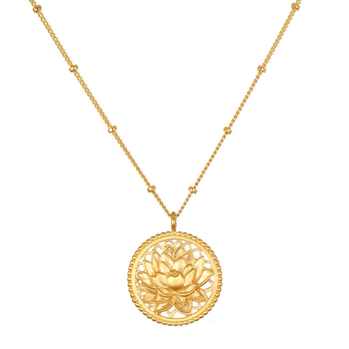 Blessed Beginnings Lotus Necklace shown on a delicate chain, symbolizing spiritual growth and new beginnings. This piece is perfect for meditation and protection, making it a meaningful addition to any yoga or spiritual practice.