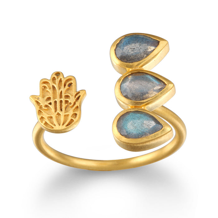 Blessed Insight Labradorite Hamsa Adjustable Ring, a beautiful piece of spiritual jewelry featuring Labradorite stones and a hamsa hand symbol, ideal for meditation gifts and meaningful momentos, representing protection, sacred energy, and manifestation.