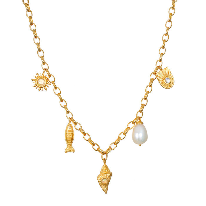 Gold chain necklace with sea-themed charms including sun, shell, fish, pearl drop, and starfish pendants.