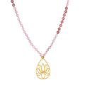 Bloom In Love Rose Quartz Lotus Mala with rose quartz beads and a gold-plated lotus pendant, symbolizing unconditional love and new beginnings. Ideal spiritual jewelry for meditation and manifestation practices, serving as a protective talisman. A meaningful accessory for yoga enthusiasts and those interested in zodiac charms.