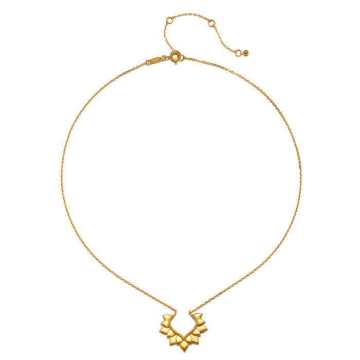 Close-up of the Blooming Love Lotus Petal Necklace, beautifully crafted with an 18k gold plate, serving as a talisman for spiritual protection and meaningful connection. Ideal for yoga enthusiasts, it embodies the sun and moon's energy, enhancing the meaning of personal and zodiac significance.