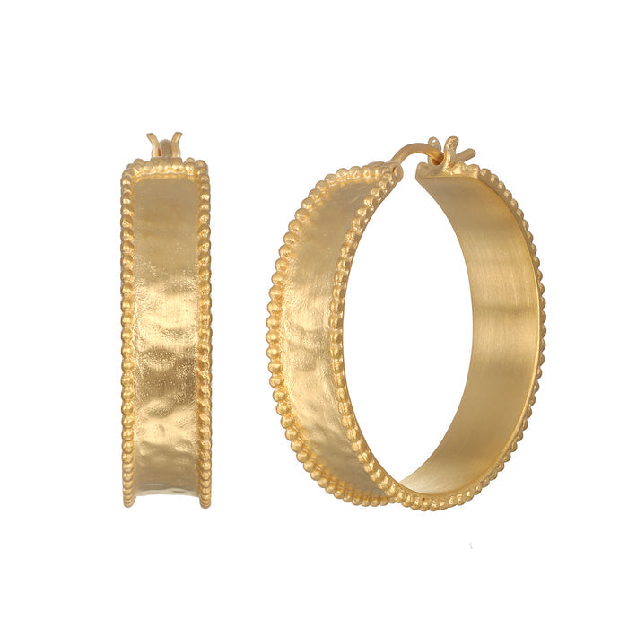 Bold Spirit Gold Hoop Earrings showcasing a timeless design, perfect for everyday wear. These 18kt gold plate earrings are edged with delicate beading, reflecting a bold spirit synonymous with spiritual jewelry and a meaningful talisman for meditation and manifestation.