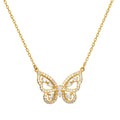 Gold-tone necklace with butterfly pendant outlined and filled with cubic zirconia stones on cable chain.