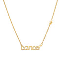 Cancer Nurture Zodiac Script Necklace beautifully crafted in 18k gold plate, symbolizing spiritual jewelry and protection. A meaningful talisman for meditation and manifestation, perfect for yoga enthusiasts. The design features the word 'cancer' and a small star, embodying the essence of zodiac energy.