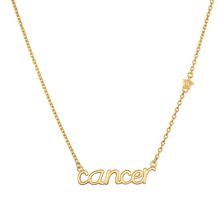 Cancer Nurture Zodiac Script Necklace beautifully crafted in 18k gold plate, symbolizing spiritual jewelry and protection. A meaningful talisman for meditation and manifestation, perfect for yoga enthusiasts. The design features the word 'cancer' and a small star, embodying the essence of zodiac energy.