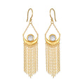 Cascade of Starlight Moonstone Fringe Drop Earrings, featuring delicate golden chains and a crescent moon design, embodying spiritual jewelry and meaningful protection talismans for yoga and meditation. Perfect for manifesting connection to the cosmos with the sun and moon symbolism.