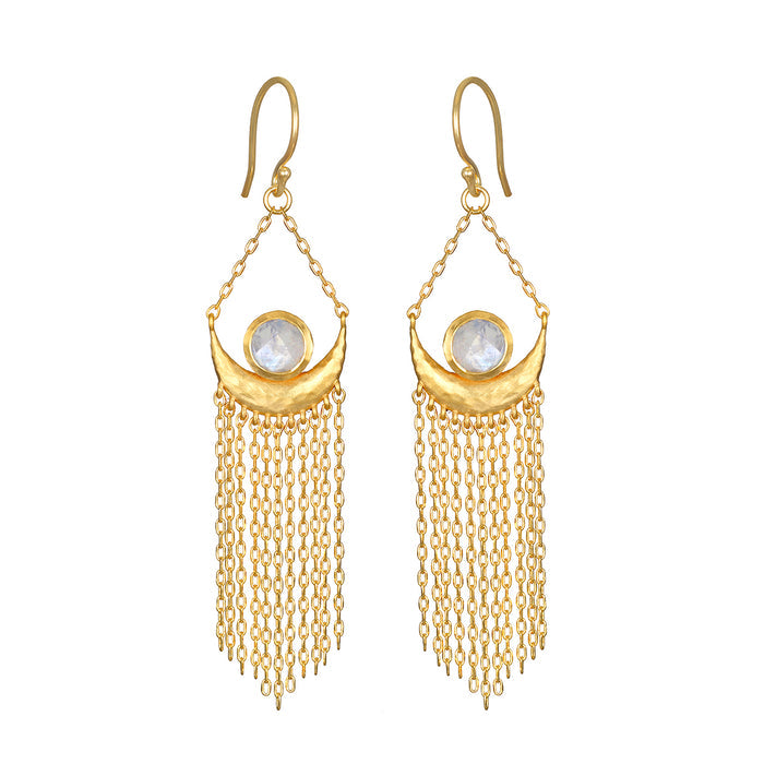 Cascade of Starlight Moonstone Fringe Drop Earrings, featuring delicate golden chains and a crescent moon design, embodying spiritual jewelry and meaningful protection talismans for yoga and meditation. Perfect for manifesting connection to the cosmos with the sun and moon symbolism.