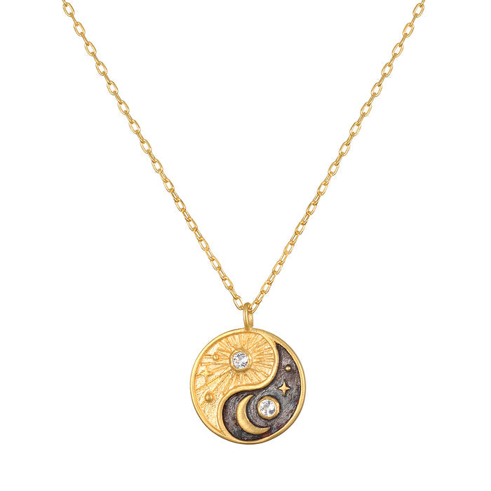 Celestial Balance Yin Yang White Topaz Necklace, featuring a beautiful yin yang pendant with sun and moon detailing, perfect for spiritual jewelry and manifestation. Ideal for meditation and yoga practitioners, this talisman represents balance and harmony.
