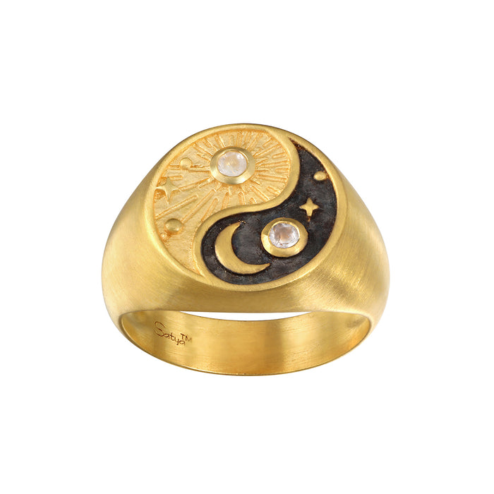 Celestial Balance Yin Yang White Topaz Ring, an 18kt gold plated piece symbolizing harmony between the sun and moon, embodying spiritual jewelry for meditation and manifestation with protective qualities. This meaningful talisman aligns with zodiac energies, perfect for yoga enthusiasts.