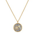 Celestial Birthstone Necklace - April featuring a stunning sun and moon design in 18kt gold plate against a gunmetal background. This spiritual jewelry piece symbolizes individuality and creativity, perfect for meditation and manifestation. Ideal for yoga enthusiasts seeking meaningful talismans for protection and spiritual growth.