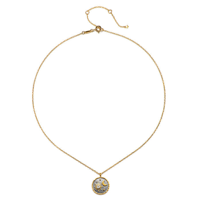 Celestial Birthstone Necklace - April showcasing the elegant chain and detailed pendant design. This spiritual necklace offers a mix of sun and moon elements, enhancing your meditation practice. A beautiful talisman for those interested in yoga, zodiac meanings, and meaningful connections.