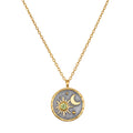 Celestial Birthstone Necklace - August showcasing an intricate pendant featuring a sun and moon design. Crafted with 18kt gold plating on a gunmetal background, this spiritual jewelry symbolizes meditation and protection, ideal for yoga practitioners seeking meaningful talismans for manifestation.