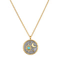 Celestial Birthstone Necklace - December featuring a sun and moon design with turquoise accent. This spiritual jewelry piece symbolizes health and self-expression, making it a meaningful talisman for yoga and meditation practices.