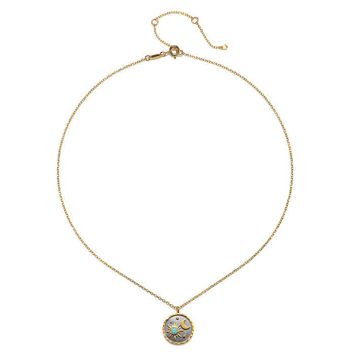 Celestial Birthstone Necklace - December featuring an 18kt gold plated pendant with a turquoise accent, symbolizing health and self-expression, perfect for spiritual jewelry, meditation practices, and as a meaningful talisman for zodiac signs.