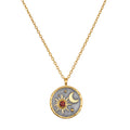 Celestial Birthstone Necklace - January featuring a pendant with a sun and moon design in 18kt gold plate on a gunmetal background, accented with a red garnet, symbolizing friendship and love, perfect for spiritual jewelry and meditation.