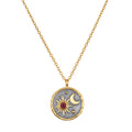 Celestial Birthstone Necklace - July featuring a sun and moon design, accented with a ruby birthstone. This spiritual jewelry symbolizes passion and prosperity, making it a meaningful talisman for meditation and manifestation. Ideal for yoga enthusiasts seeking protection and spiritual significance in their accessories.