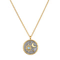Celestial Birthstone Necklace - March featuring a beautifully crafted pendant with sun and moon designs in 18kt gold plate on a gunmetal background. This spiritual jewelry symbolizes tranquility and courage, making it a meaningful talisman for yoga and meditation practices. Ideal for manifestation and protection, it is perfect for those who embrace their zodiac connection.
